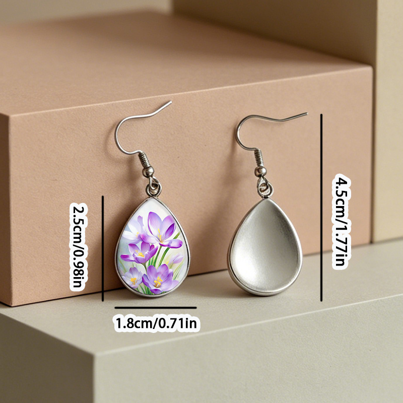 Purple Watercolor Crocus Flowers Tear Drop Glass Cabochon Earrings